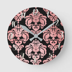 Roségold Rosa & Schwarz Damast Modern Personalisie Runde Wanduhr