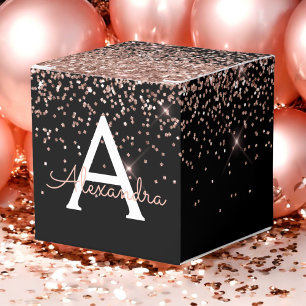 Roségold-Rosa-Schwarz-Glitter-Monogramm Geschenkschachtel