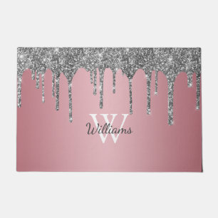 Roségold-Rosa-Silber-Glitter-Tropf Monogramm Name Fußmatte