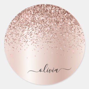 Roségold - Rosafarben Glitter Metall Monogramm Nam Runder Aufkleber