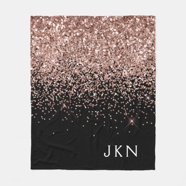 Roségold Röte Pink Schwarz Glitter Monogramm Fleecedecke (Vorderseite)