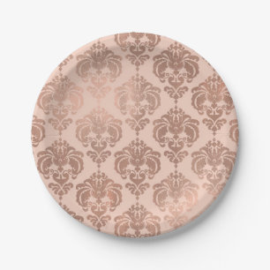 Roségold Scharlachrosa Moderne Glamour Damast Pappteller