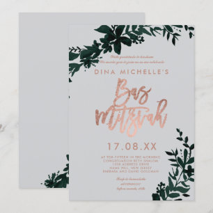 Roségold-Schrift Floral grün grau Bas Mitzvah Einladung