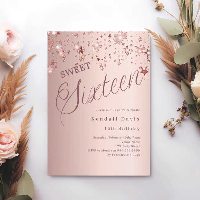 Roségold-Schriftstern modern Sweet 16 Einladung (Von Creator hochgeladen)