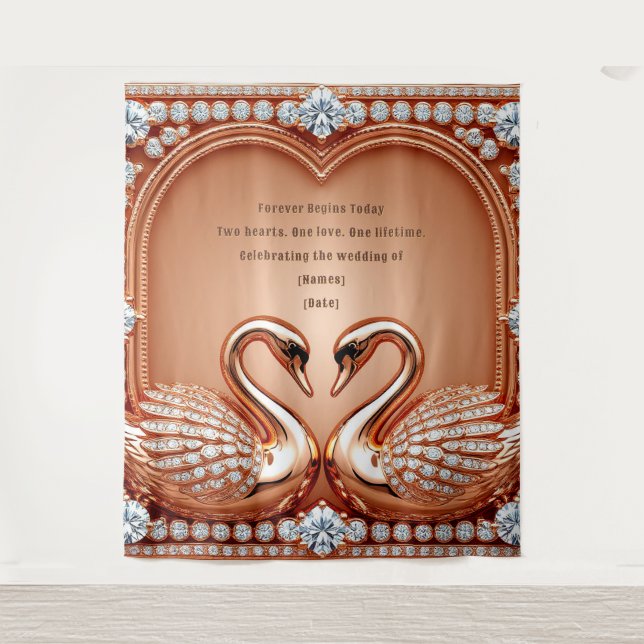 Roségold-Schwan-Hochzeitsliebesbogen-Design Wandteppich (Vorderseite)