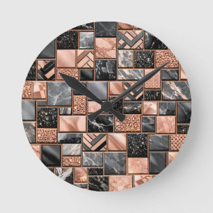 Roségold-Schwarz-Marmor-Mosaik Runde Wanduhr