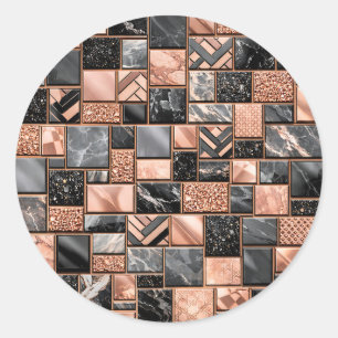 Roségold-Schwarz-Marmor-Mosaik Runder Aufkleber