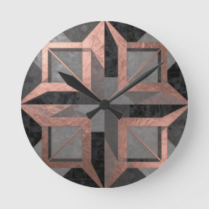Roségold-schwarzes geometrisches Marmormuster Runde Wanduhr