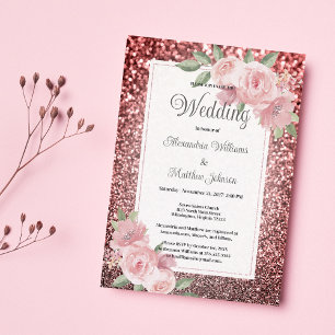 Roségold-Silber-Glitter-Rosa-Blumen-Hochzeit Einladung
