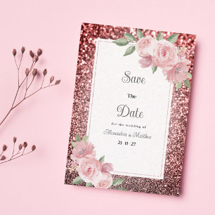 Roségold-Silber-Glitter-Rosa-Blumen Save The Date Einladung