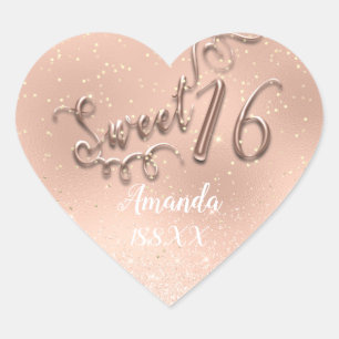 Roségold Sweet 16th Weißes Herz Glitter Funkelnd Herz-Aufkleber