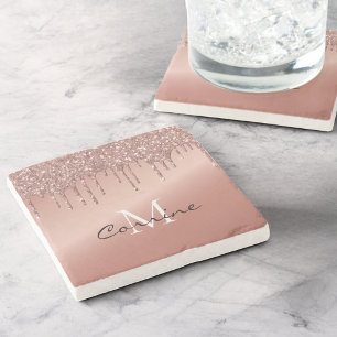Roségold-Triefende-Glitter-Monogramm-Name-Metallis Steinuntersetzer