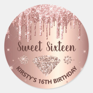 Roségold tropfender Glitter & Diamant Sweet 16 Runder Aufkleber