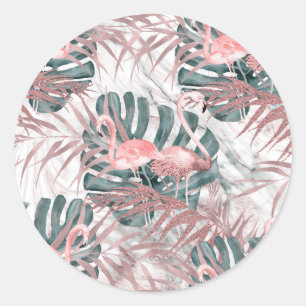 Roségold-Tropische-Flamingos-Blätter- und Marmor-P Runder Aufkleber