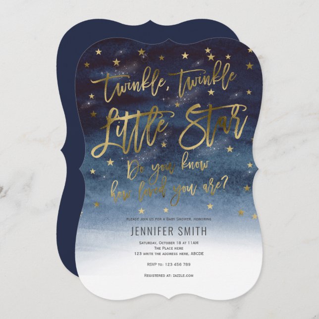 Rosegold, Twinkle Twinkle Little Stars, Babydusche Einladung (Vorne/Hinten)