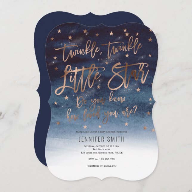 Rosegold, Twinkle Twinkle Little Stars, Babydusche Einladung (Vorne/Hinten)