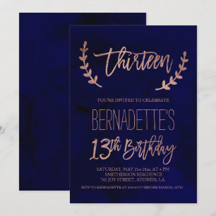 Roségold-Typografie-Federn Navy 13. Geburtstag Einladung