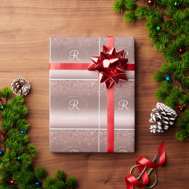Roségold- und Silber-Glitter-Monogramm  Geschenkpapier (Feiertagsgeschenk)