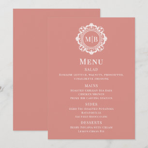Roségold Verzierte Blumige Monogramm-Hochzeit Menükarte
