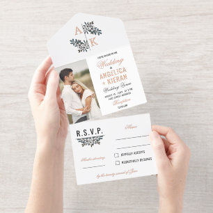 Roségold-weiße Blumenmonogramm-Fotos Hochzeit All-in-One-Einladung