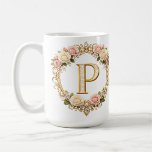 Roségoldene Blumige Monogramm-Buchstabe P Hochzeit Kaffeetasse