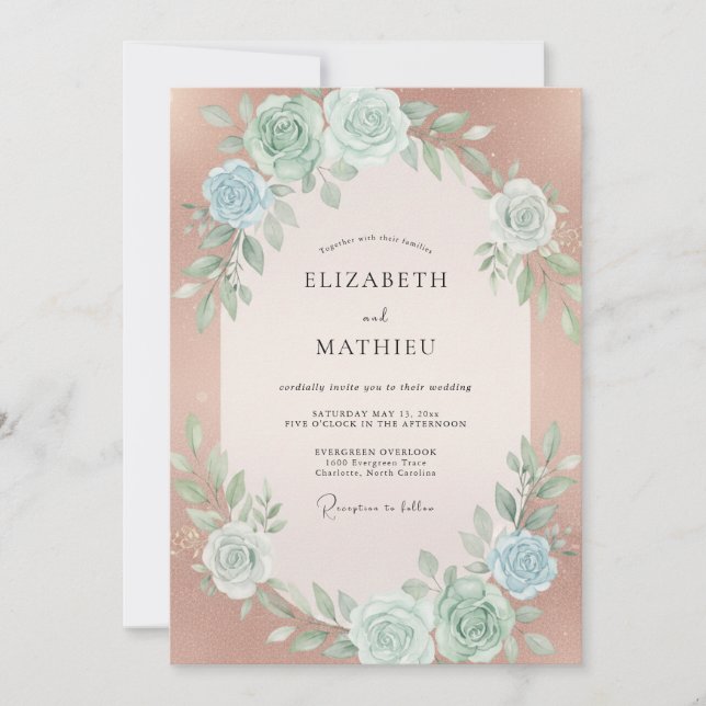 Roségoldene florale Hochzeit Einladung (Vorderseite)