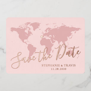 Roségoldene rosa Weltkarte Save-the-Date Folieneinladung