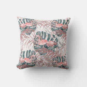 Roségoldene tropische Flamingos Blätter & Marmor Kissen