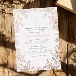 Roségoldkreuz Vintage Mädchen Erstkommunion Folieneinladung