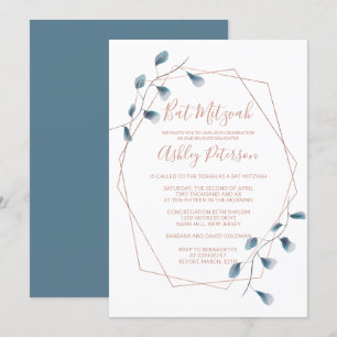 Roségoldrahmen Wasserfarbe chic blaue Bat Mitzvah Einladung