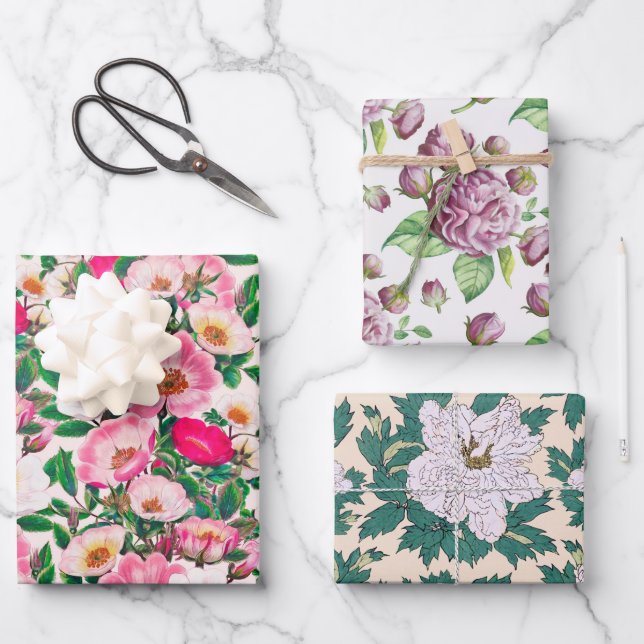 Rosehip Camellia & Peony Blume Geschenkpapier Set (Vorderseite)