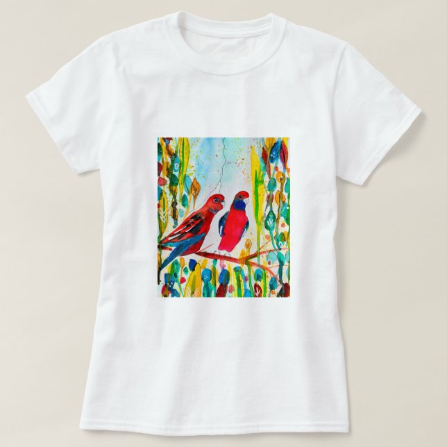 Rosella-Vögel in der Baumwasserfarbenkunst T-Shirt (Design vorne)