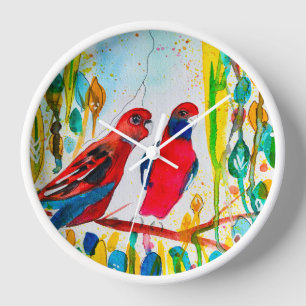 Rosella-Vögel in der Baumwasserfarbenkunst Uhr
