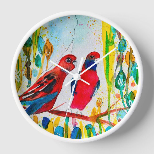 Rosella-Vögel in der Baumwasserfarbenkunst Uhr (Vorderseite)