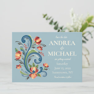 Rosemaling Blau und Rot Save-the-Date-Einladung Einladung