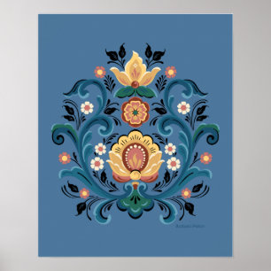 Rosemaling Gold und Burgund Poster