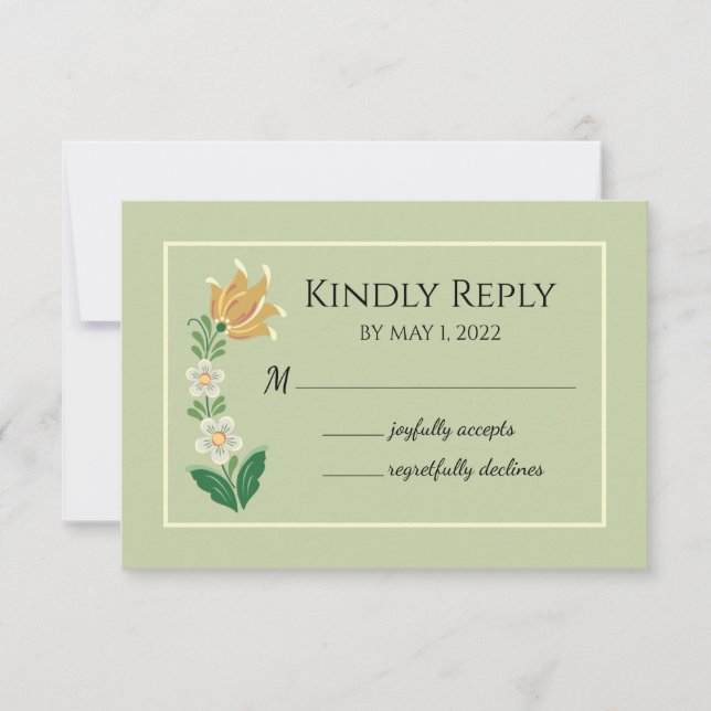 Rosemaling Green und Gold RSVP Karte (Vorderseite)