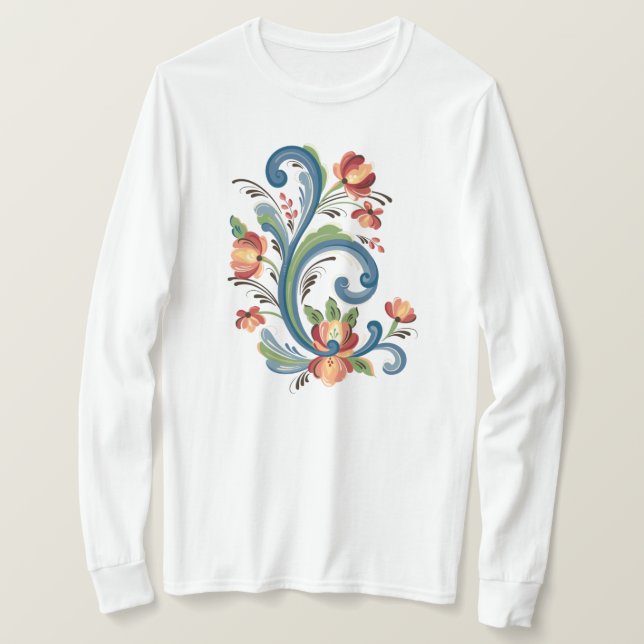 Rosemaling in Blue and Red T - Shirt (Design vorne)