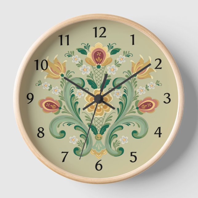 Rosemaling in Grün- und Golduhr Uhr (Vorderseite)