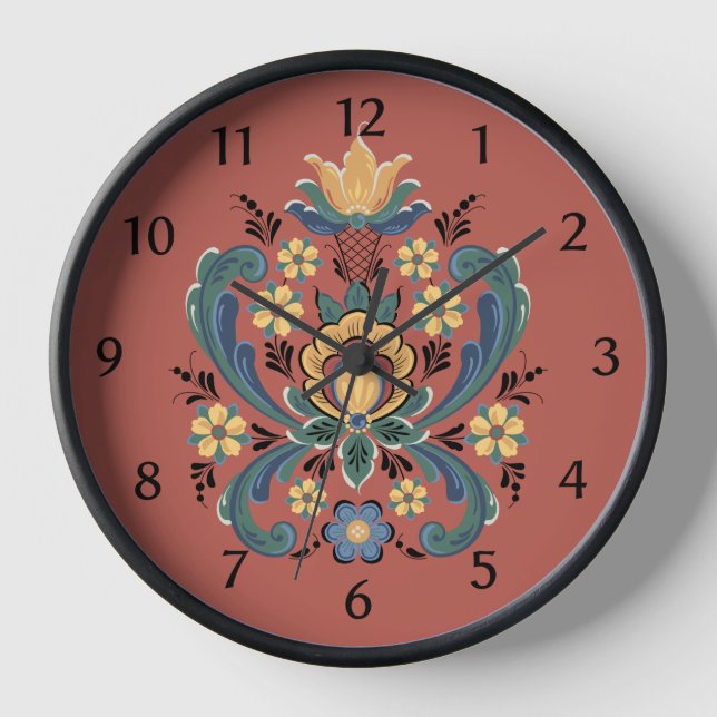 Rosemaling in Rot und Gold Uhr (Vorderseite)