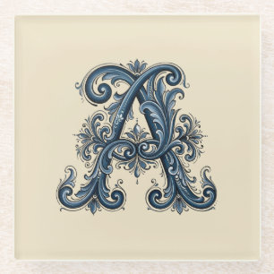 Rosemaling Monogram Preußisch Blau Glasuntersetzer