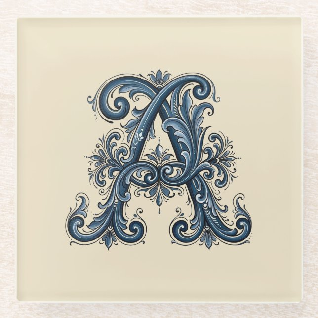 Rosemaling Monogram Preußisch Blau Glasuntersetzer (Vorderseite)