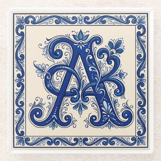 Rosemaling Monogram Prussian Blue Glasuntersetzer (Vorderseite)