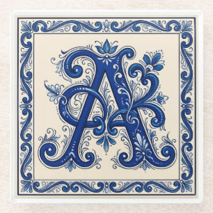 Rosemaling-Monogramm Preußischblau Glasuntersetzer