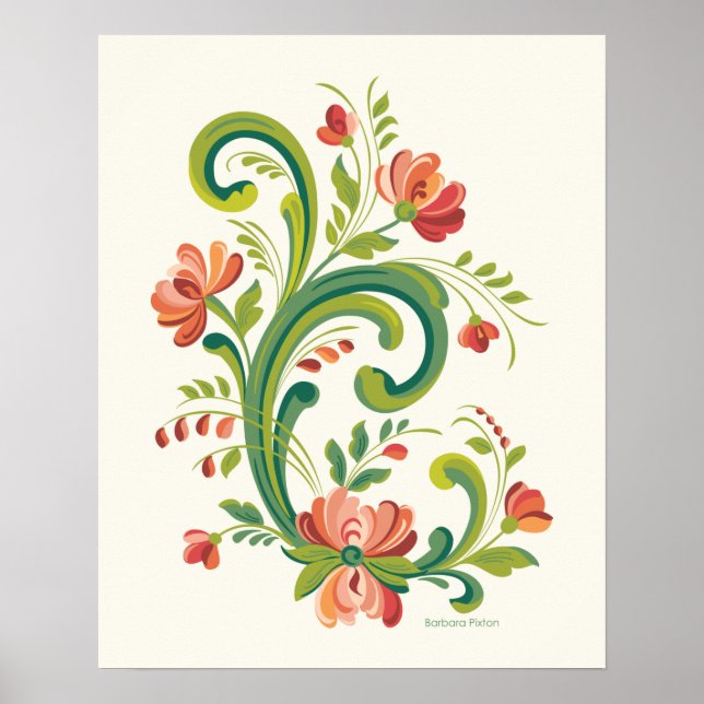 Rosemaling Rot und Rosa Poster (Vorne)