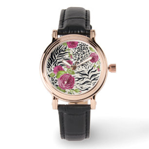 Rosen auf Tiermuster Armbanduhr
