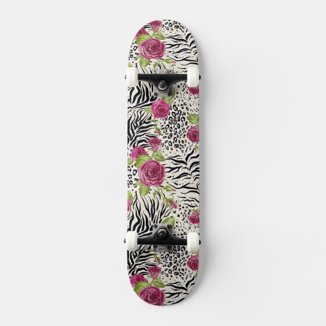 Rosen auf Tiermuster Skateboard (Vorderseite)