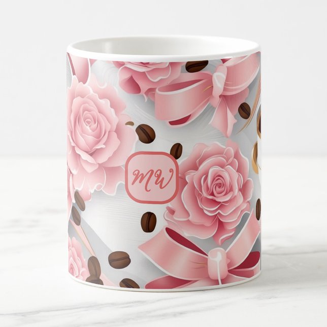 Rosen, Bänder, Bogen, Monogramme, elegant rosa Kaffeetasse (Von Creator hochgeladen)