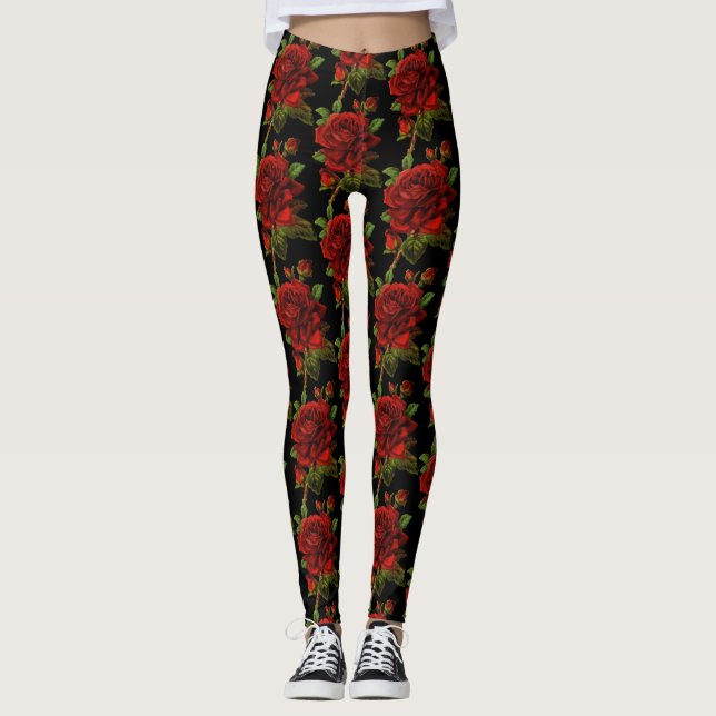 Rosen-Blumen-Blumenschwarzes Leggings (Vorderseite)