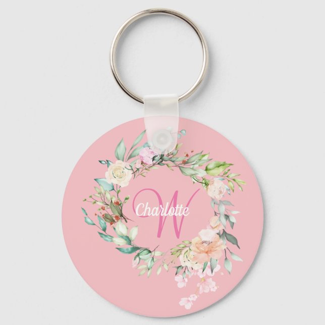 Rosen Blumen Initiale Skript Monogramm Rosa Schlüsselanhänger (Vorderseite)
